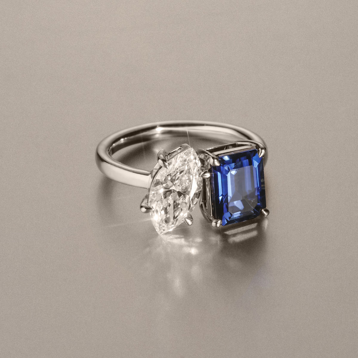 Toi Et Moi 1.50ct Marquise Lab Diamond and 3.30ct Emerald Cut Lab Sapphire Engagement Ring in Platinum