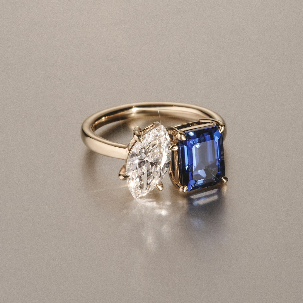 Toi Et Moi 1.50ct Marquise Lab Diamond and 3.30ct Emerald Cut Lab Sapphire Engagement Ring in 18K Yellow Gold