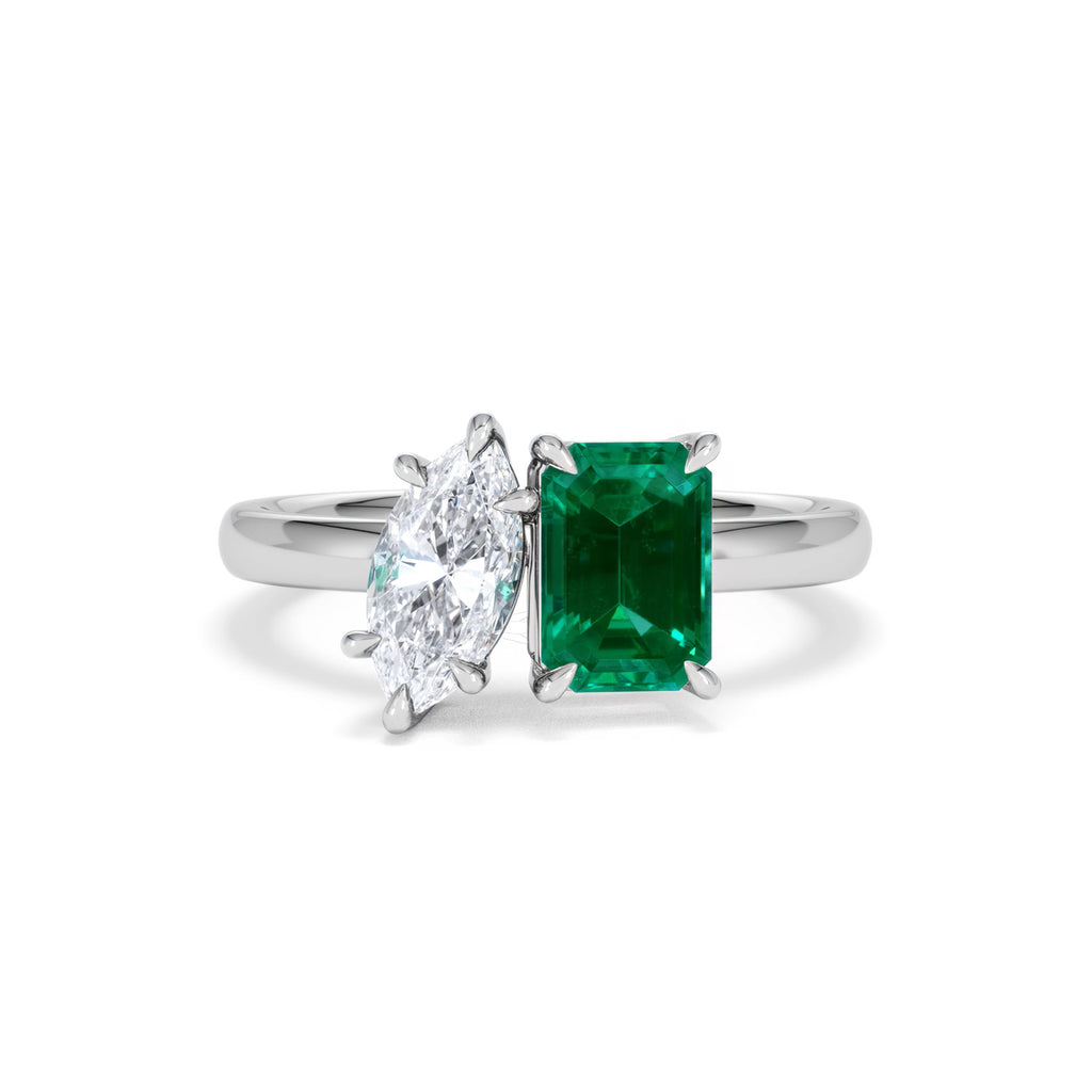 Toi Et Moi 1.50ct Marquise Lab Diamond and 3.30ct Emerald Cut Lab Emerald Engagement Ring in Platinum
