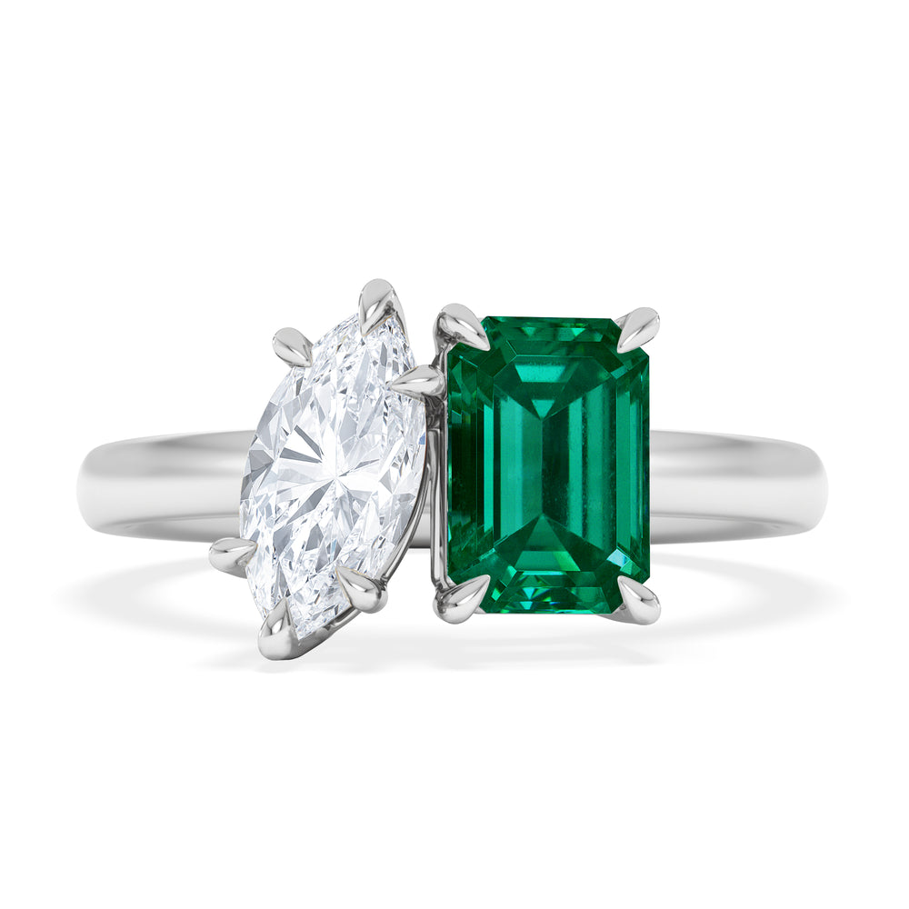 Toi Et Moi 1.50ct Marquise Lab Diamond and 3.30ct Emerald Cut Lab Emerald Engagement Ring in Platinum