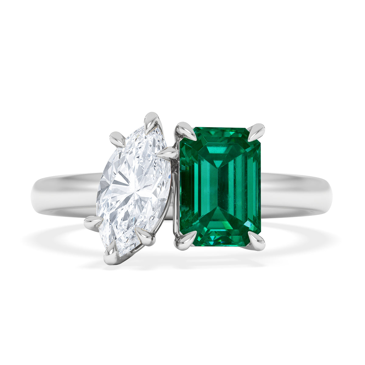 Toi Et Moi 1.50ct Marquise Lab Diamond and 3.30ct Emerald Cut Lab Emerald Engagement Ring in Platinum