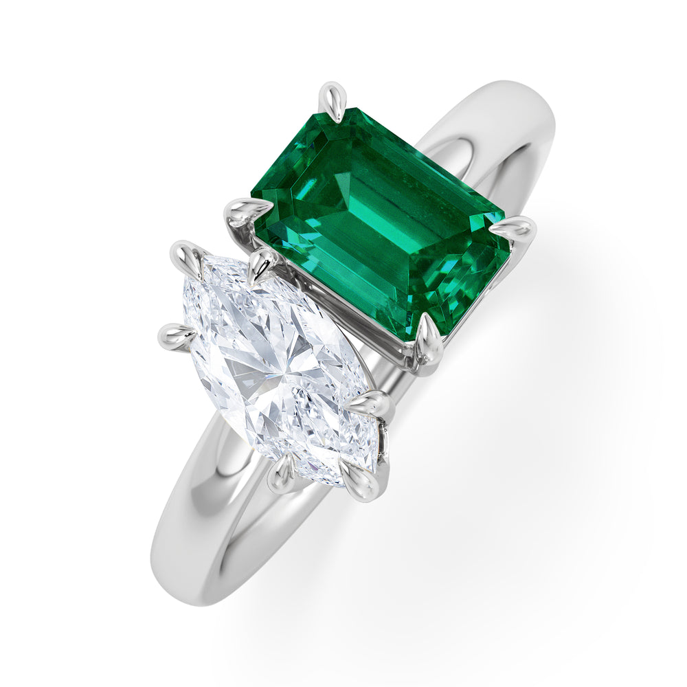 Toi Et Moi 1.50ct Marquise Lab Diamond and 3.30ct Emerald Cut Lab Emerald Engagement Ring in Platinum