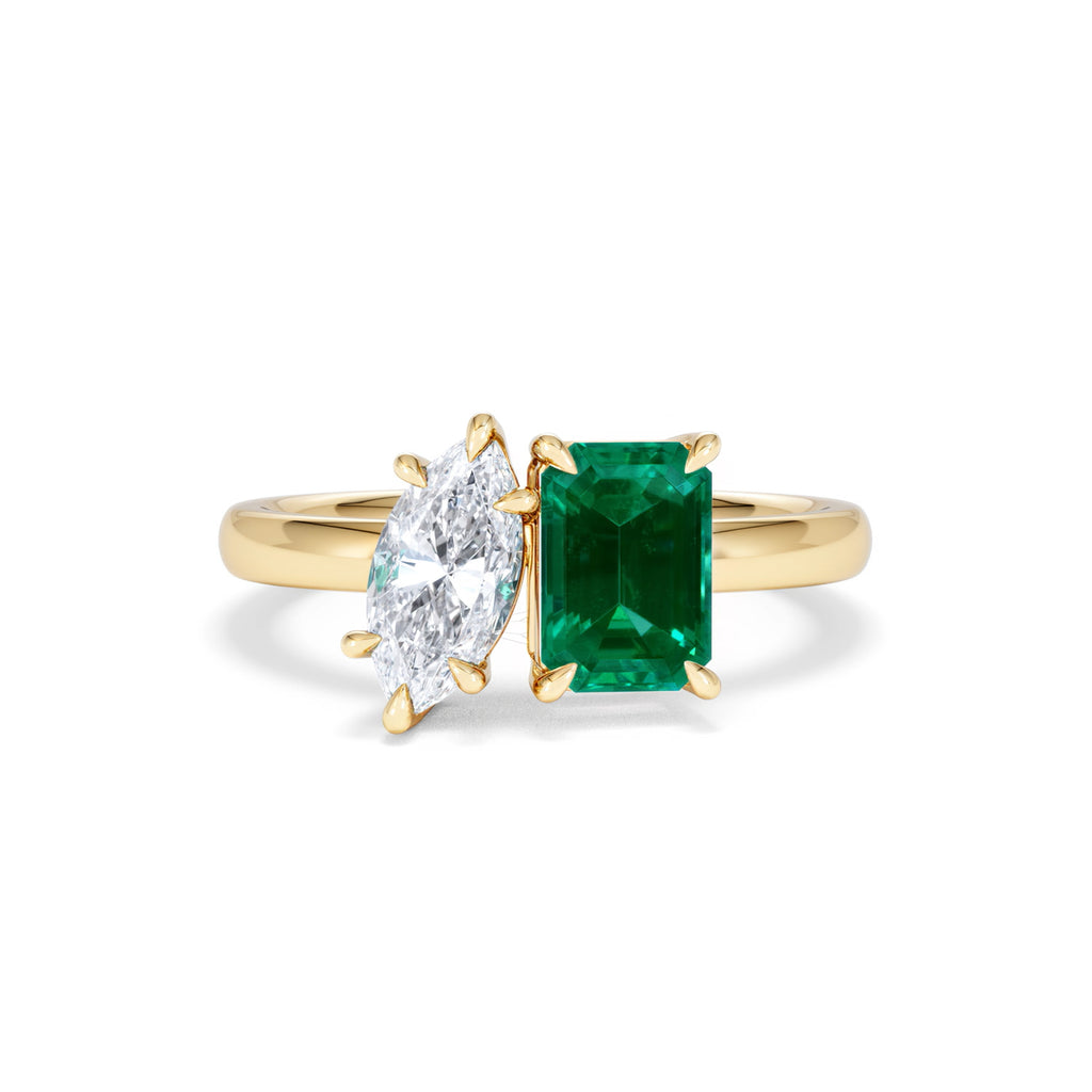 Toi Et Moi 1.50ct Marquise Lab Diamond and 3.30ct Emerald Cut Lab Emerald Engagement Ring in 18K Yellow Gold