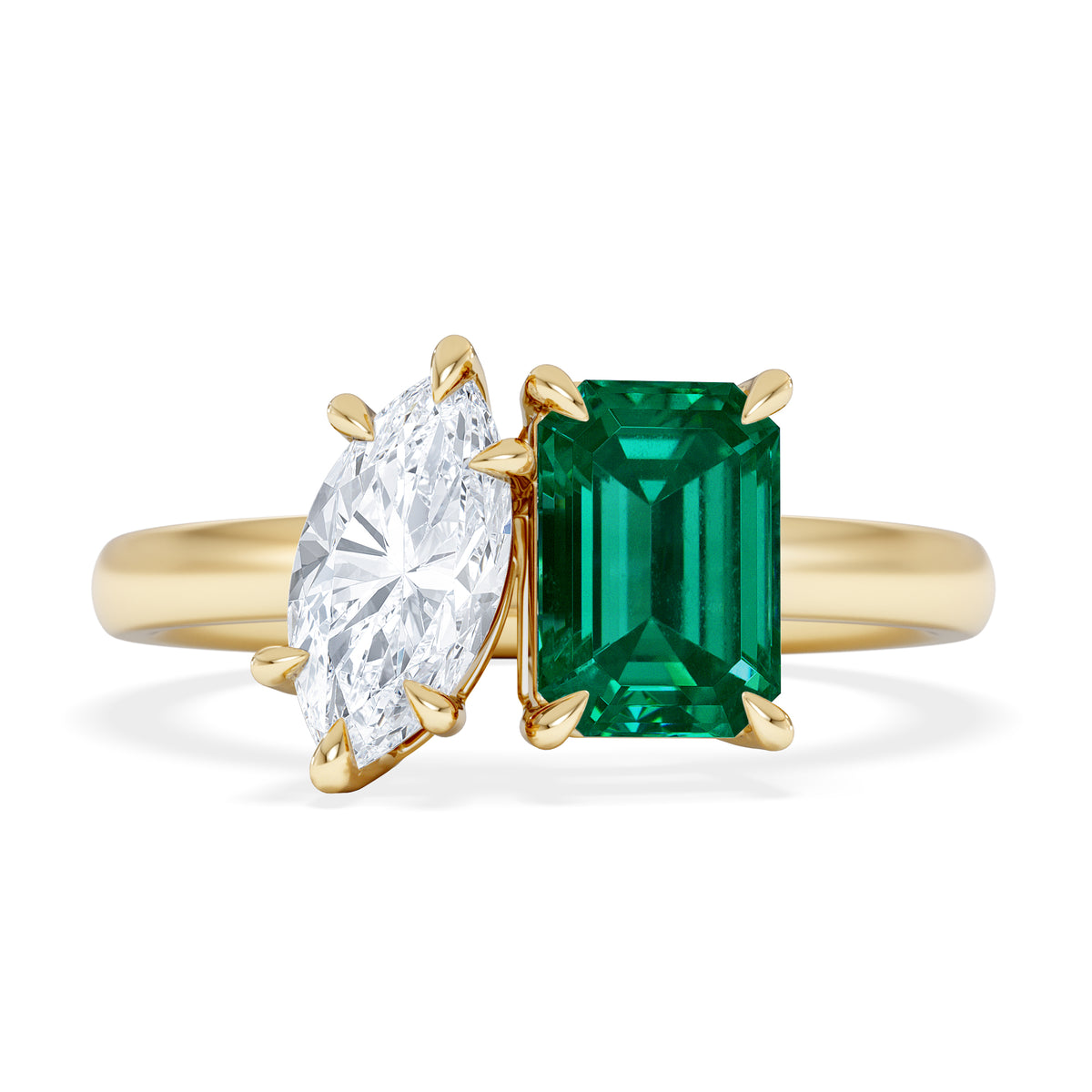Toi Et Moi 1.50ct Marquise Lab Diamond and 3.30ct Emerald Cut Lab Emerald Engagement Ring in 18K Yellow Gold