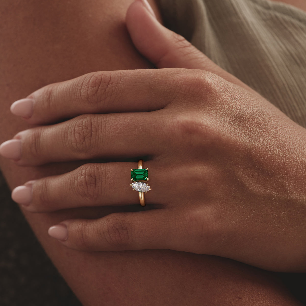Toi Et Moi 1.50ct Marquise Lab Diamond and 3.30ct Emerald Cut Lab Emerald Engagement Ring in 18K Yellow Gold
