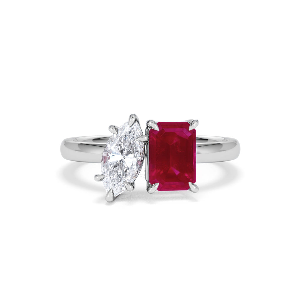 Toi Et Moi 1.50ct Marquise Lab Diamond and 3.30ct Emerald Cut Lab Ruby Engagement Ring in Platinum