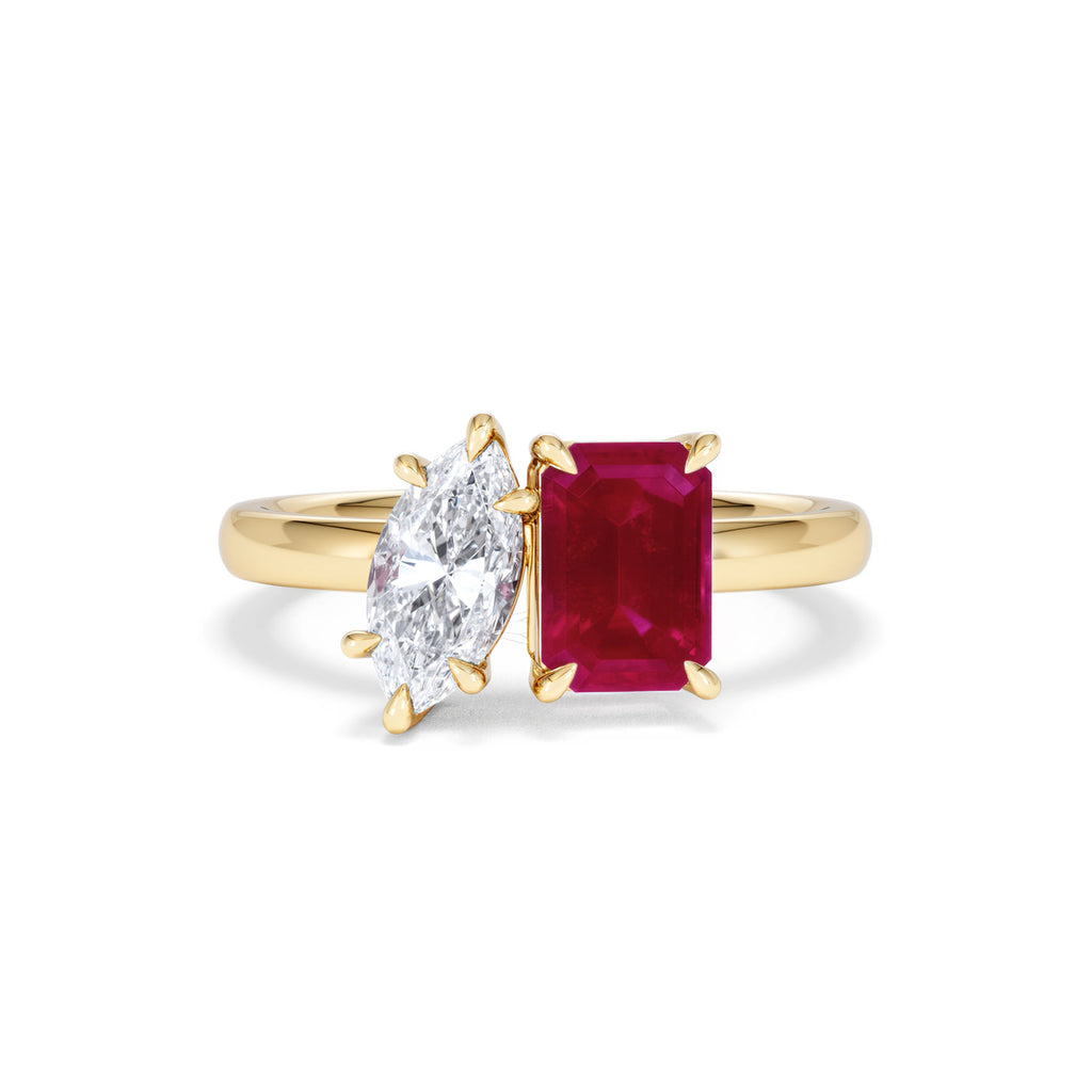 Toi Et Moi 1.50ct Marquise Lab Diamond and 3.30ct Emerald Cut Lab Ruby Engagement Ring in 18K Yellow Gold