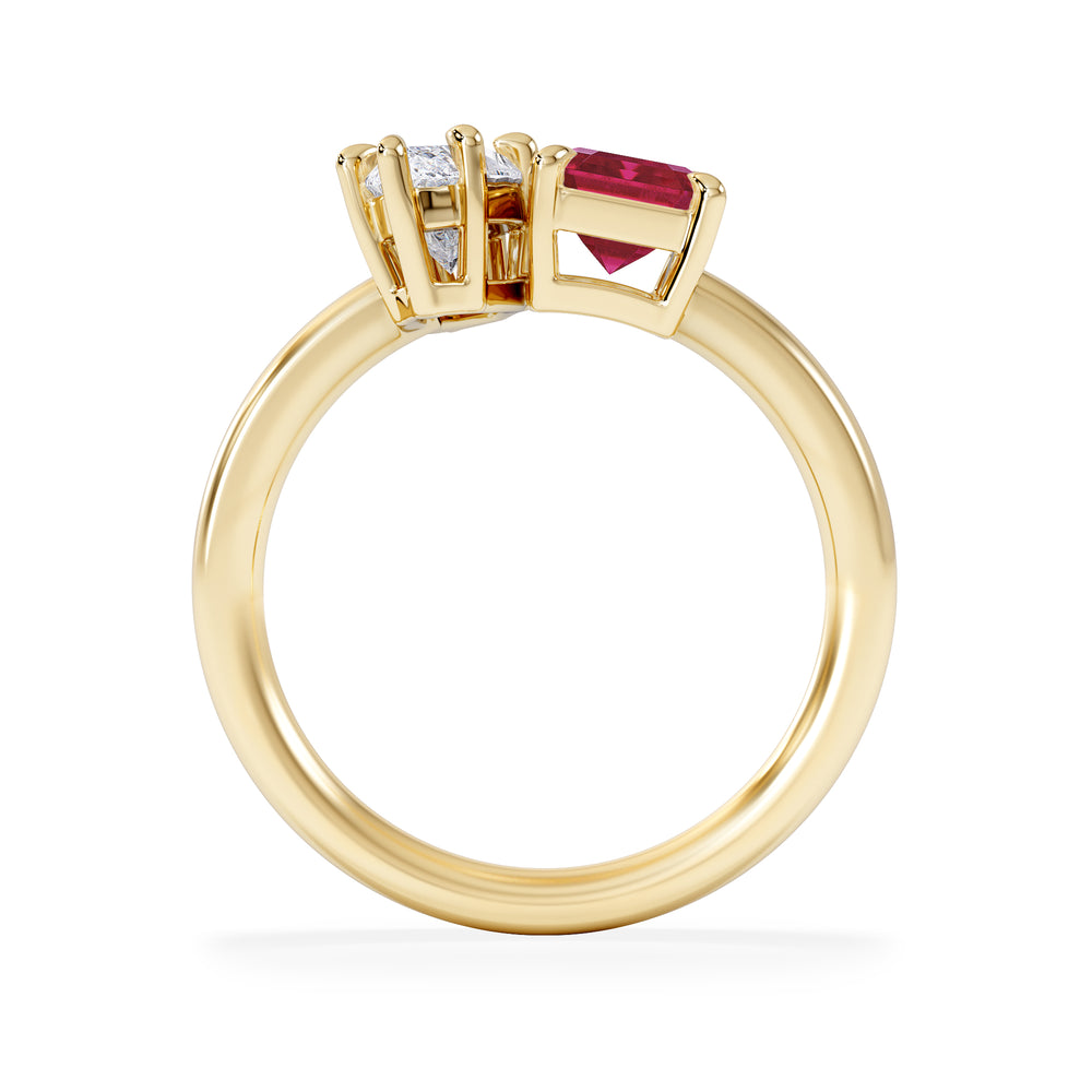 Toi Et Moi 1.50ct Marquise Lab Diamond and 3.30ct Emerald Cut Lab Ruby Engagement Ring in 18K Yellow Gold