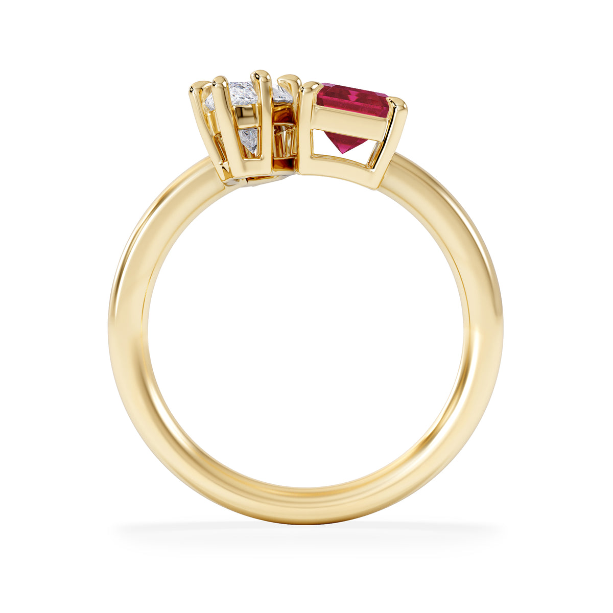 Toi Et Moi 1.50ct Marquise Lab Diamond and 3.30ct Emerald Cut Lab Ruby Engagement Ring in 18K Yellow Gold