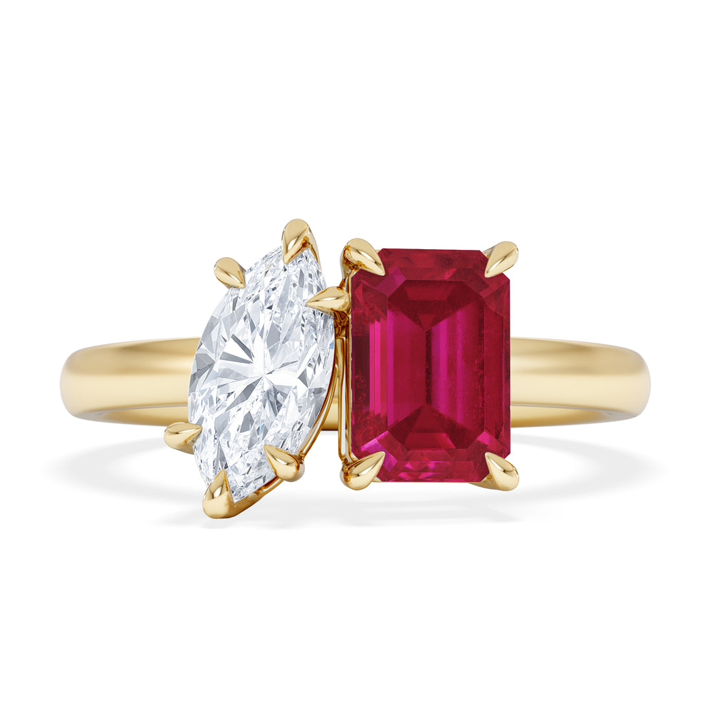 Toi Et Moi 1.50ct Marquise Lab Diamond and 3.30ct Emerald Cut Lab Ruby Engagement Ring in 18K Yellow Gold