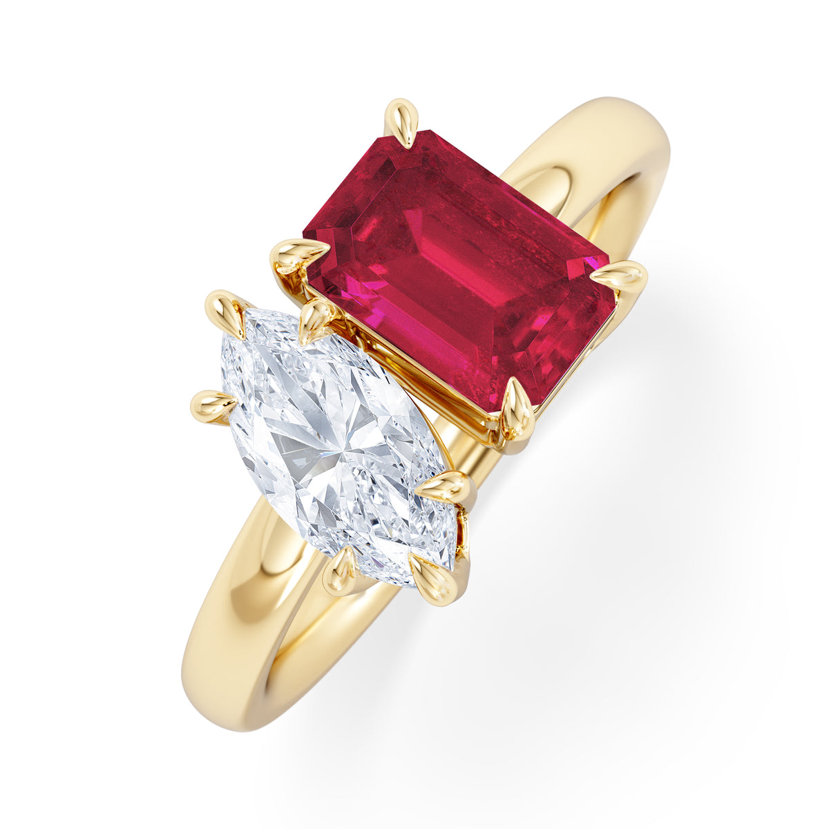 Toi Et Moi 1.50ct Marquise Lab Diamond and 3.30ct Emerald Cut Lab Ruby Engagement Ring in 18K Yellow Gold