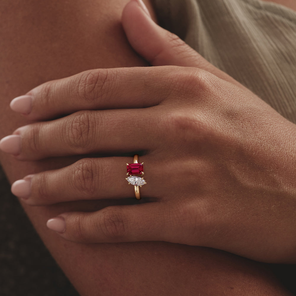 Toi Et Moi 1.50ct Marquise Lab Diamond and 3.30ct Emerald Cut Lab Ruby Engagement Ring in 18K Yellow Gold