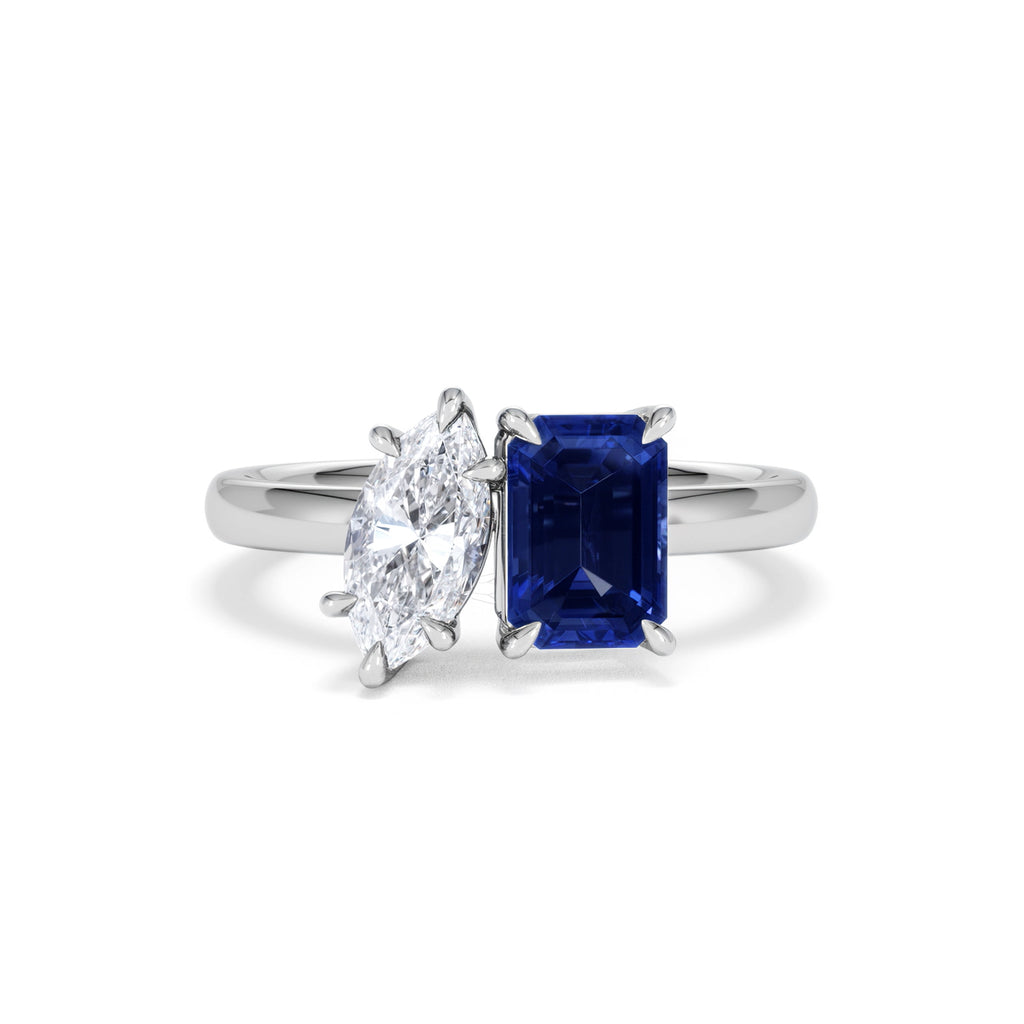 Toi Et Moi 1.50ct Marquise Lab Diamond and 3.30ct Emerald Cut Lab Sapphire Engagement Ring in Platinum