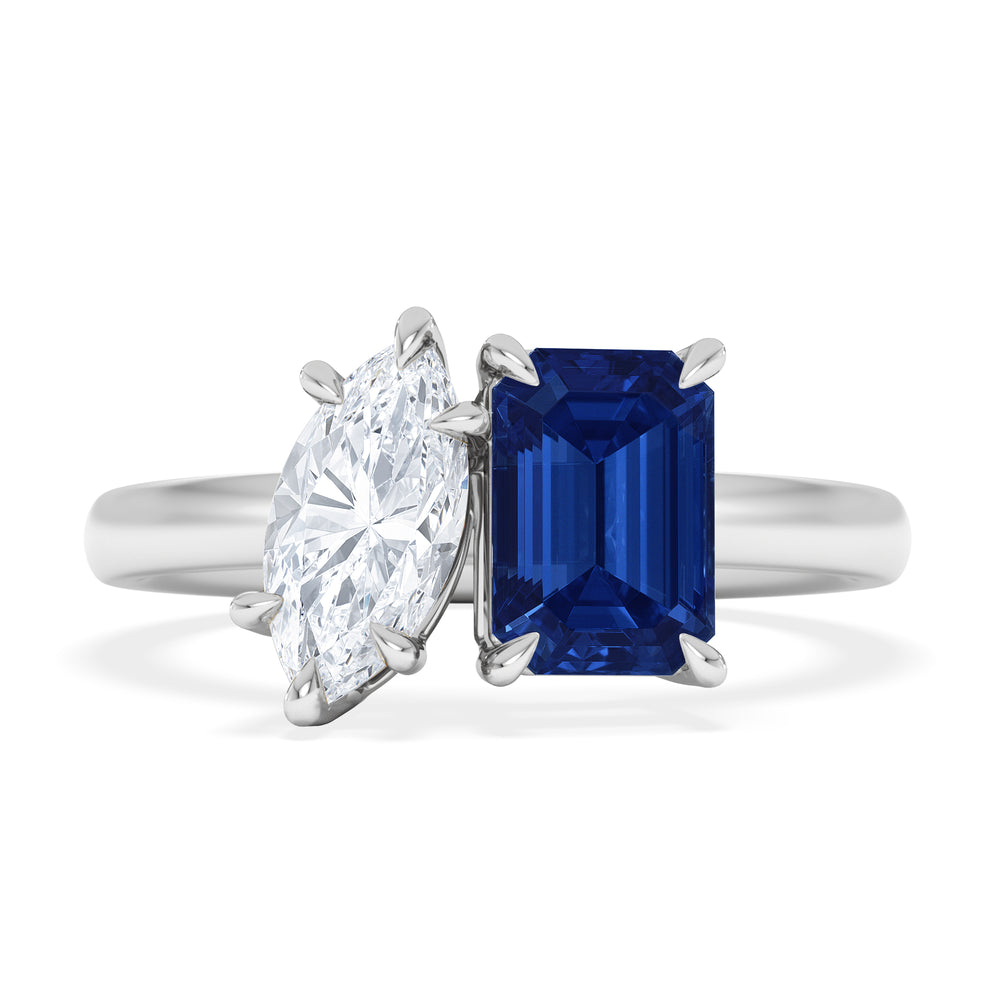 Toi Et Moi 1.50ct Marquise Lab Diamond and 3.30ct Emerald Cut Lab Sapphire Engagement Ring in Platinum