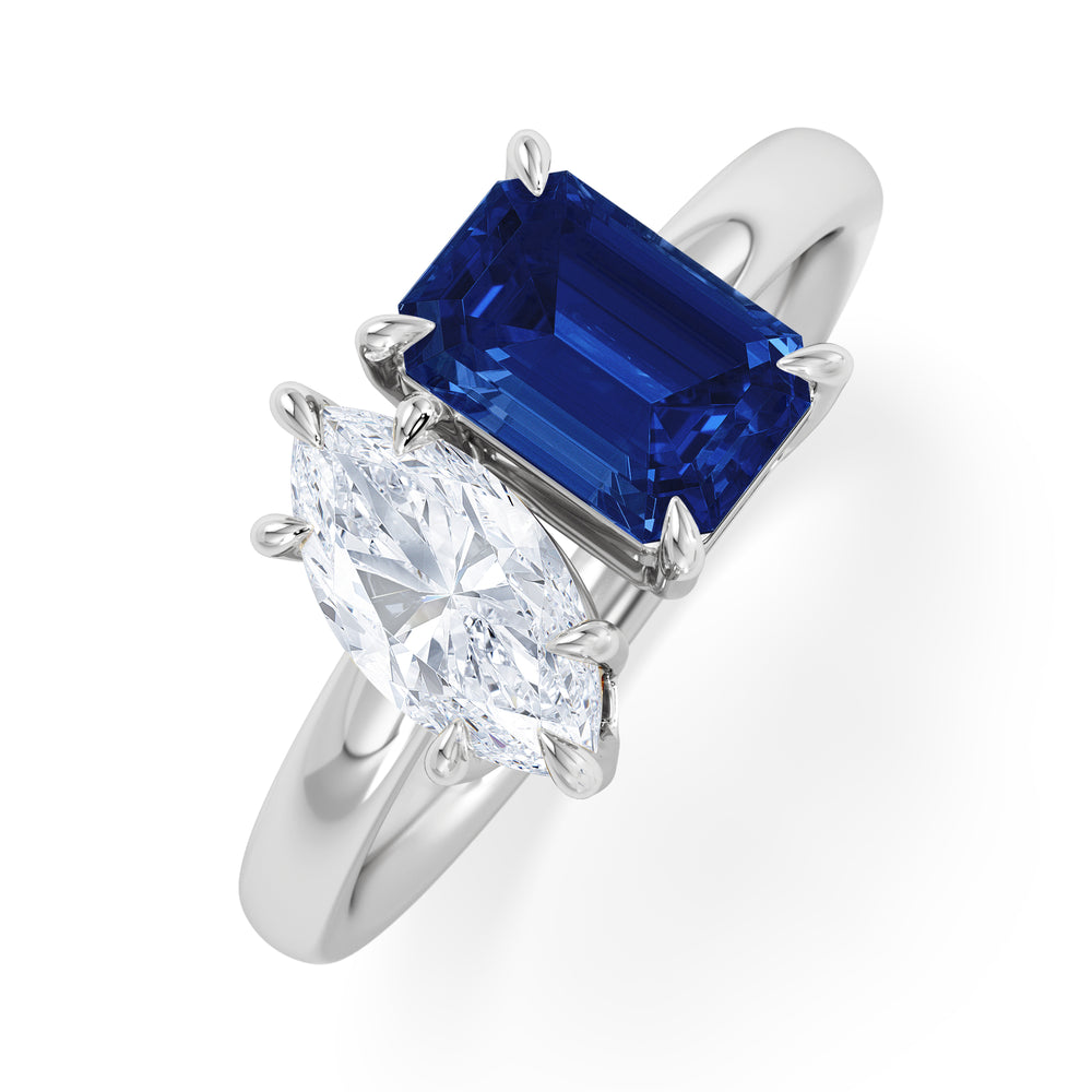 Toi Et Moi 1.50ct Marquise Lab Diamond and 3.30ct Emerald Cut Lab Sapphire Engagement Ring in Platinum