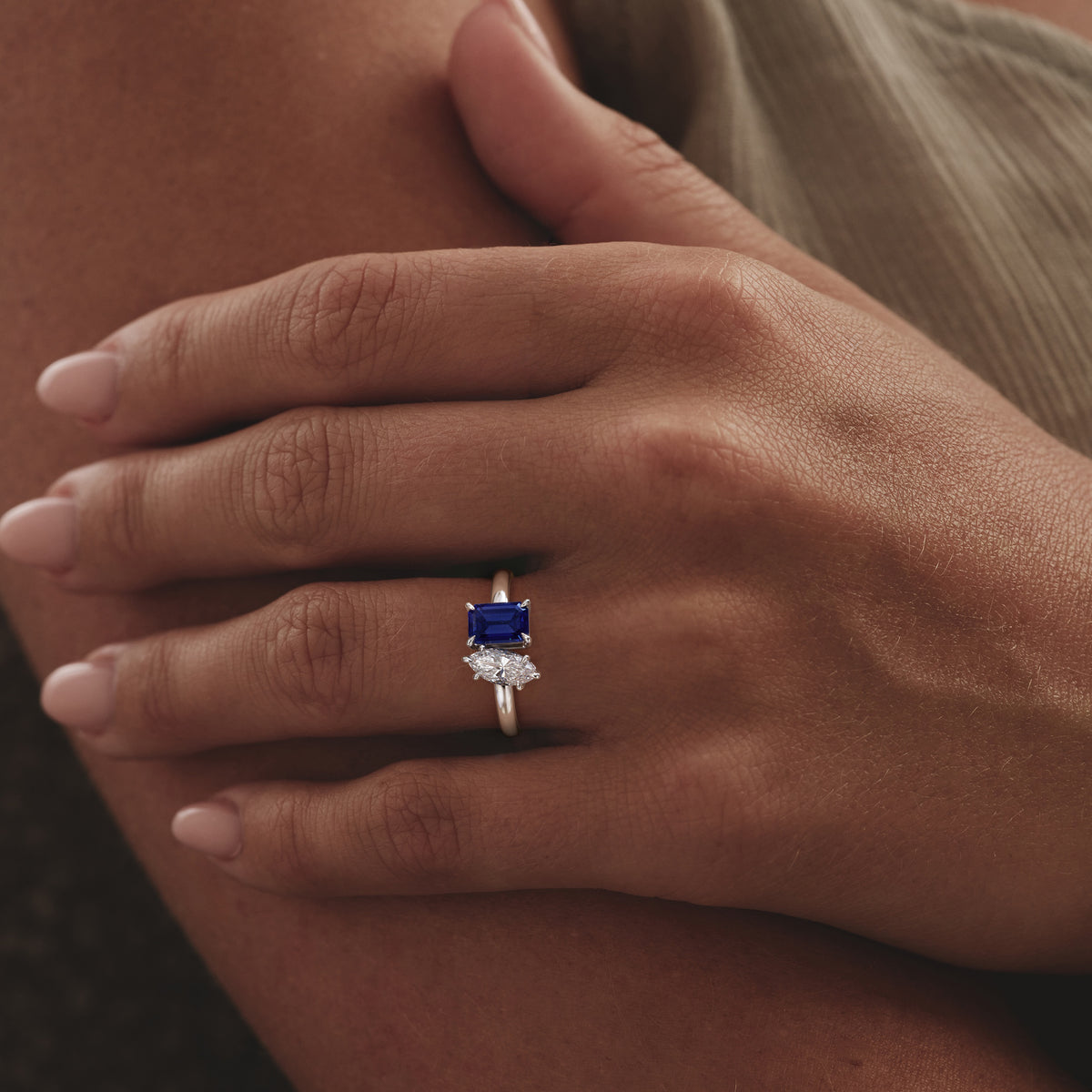 Toi Et Moi 1.50ct Marquise Lab Diamond and 3.30ct Emerald Cut Lab Sapphire Engagement Ring in Platinum