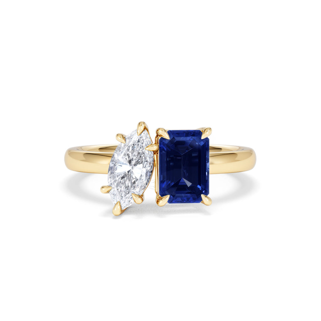 Toi Et Moi 1.50ct Marquise Lab Diamond and 3.30ct Emerald Cut Lab Sapphire Engagement Ring in 18K Yellow Gold