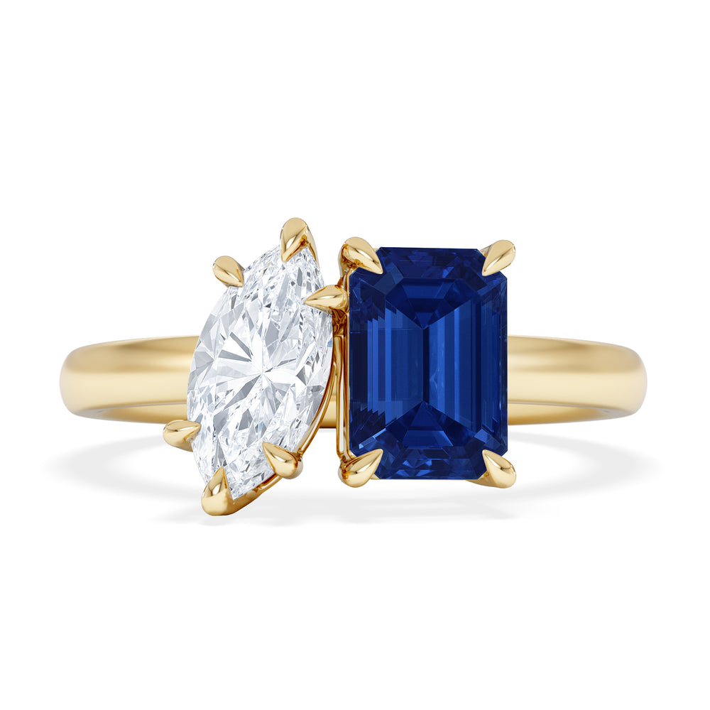 Toi Et Moi 1.50ct Marquise Lab Diamond and 3.30ct Emerald Cut Lab Sapphire Engagement Ring in 18K Yellow Gold