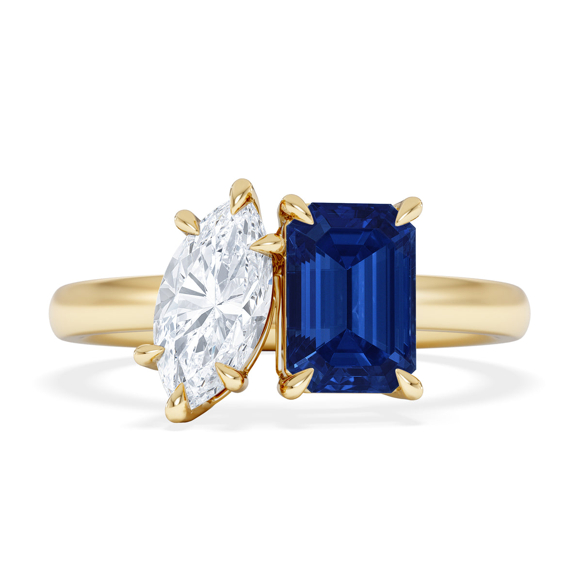 Toi Et Moi 1.50ct Marquise Lab Diamond and 3.30ct Emerald Cut Lab Sapphire Engagement Ring in 18K Yellow Gold