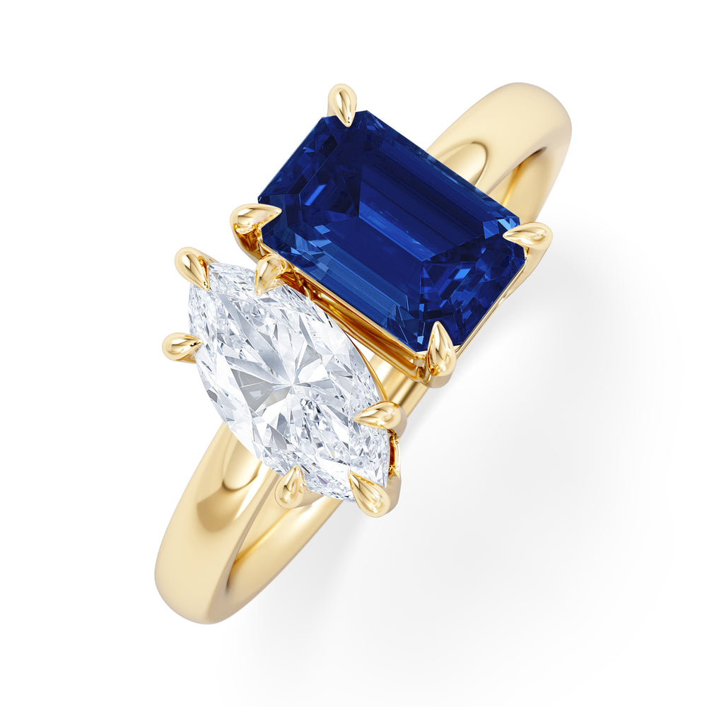 Toi Et Moi 1.50ct Marquise Lab Diamond and 3.30ct Emerald Cut Lab Sapphire Engagement Ring in 18K Yellow Gold
