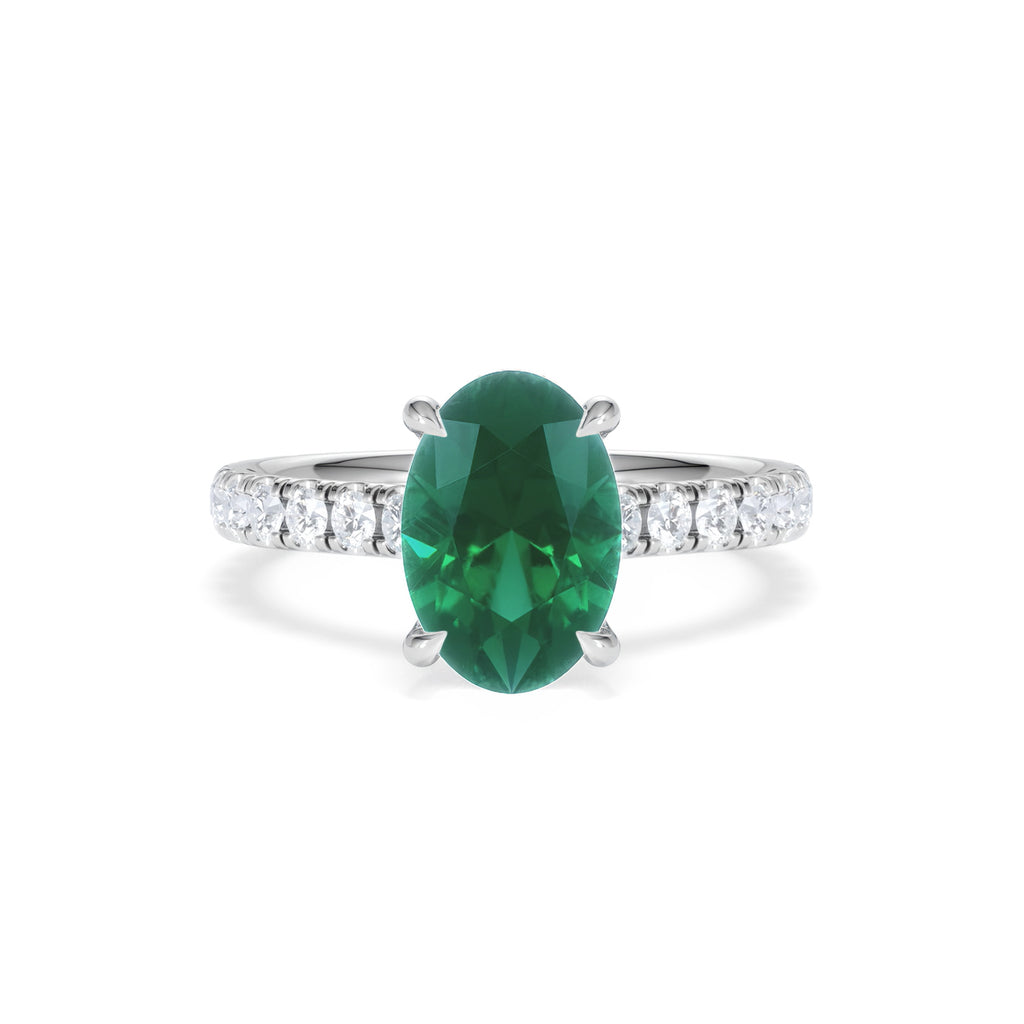 Amora 2.00ct Oval Cut Lab Emerald Hidden Halo Engagement Ring with Side Stones in 18K White Gold