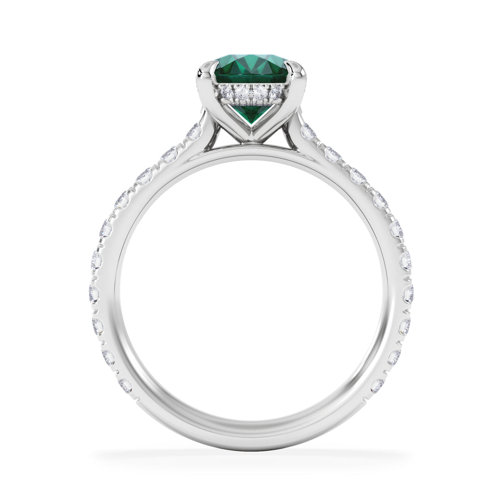 Amora Gem 2.00ct Oval Cut Lab Emerald Hidden Halo Engagement Ring with Side Stones in 18K White Gold