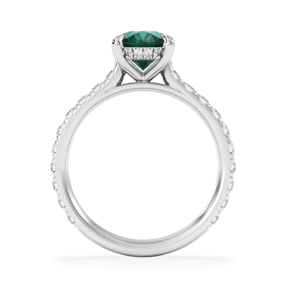 Amora Gem 2.00ct Oval Cut Lab Emerald Hidden Halo Engagement Ring with Side Stones in 18K White Gold