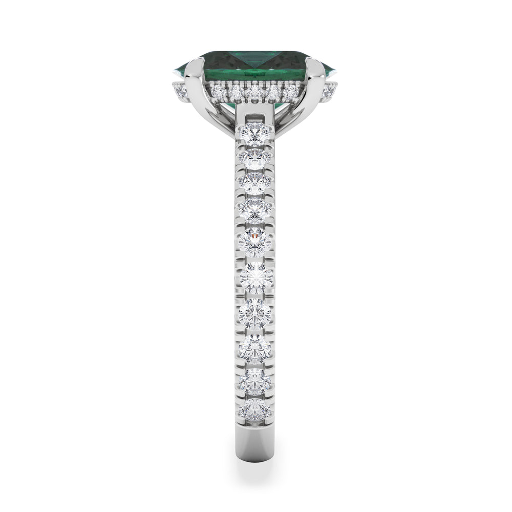 Amora Gem 2.00ct Oval Cut Lab Emerald Hidden Halo Engagement Ring with Side Stones in 18K White Gold