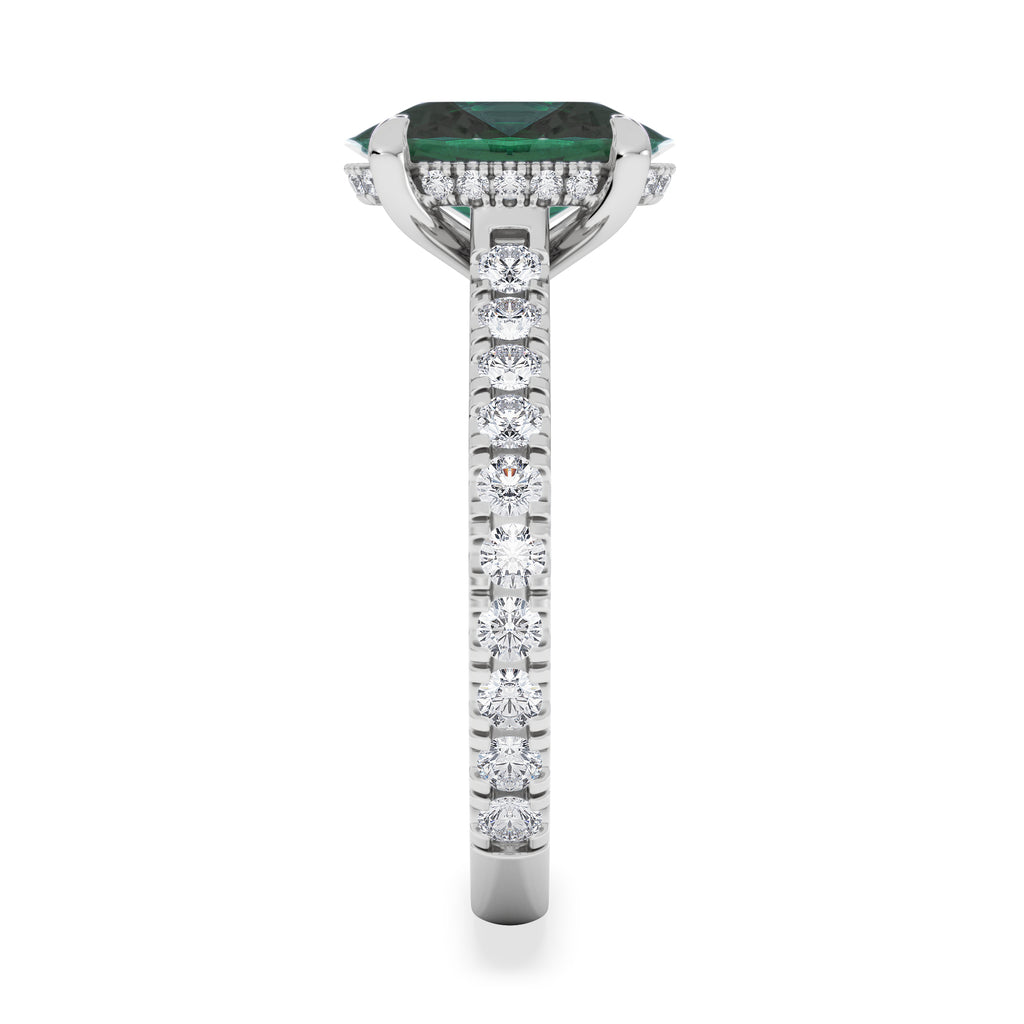 Amora Gem 2.00ct Oval Cut Lab Emerald Hidden Halo Engagement Ring with Side Stones in 18K White Gold