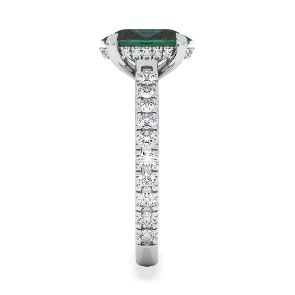 Amora Gem 2.00ct Oval Cut Lab Emerald Hidden Halo Engagement Ring with Side Stones in 18K White Gold