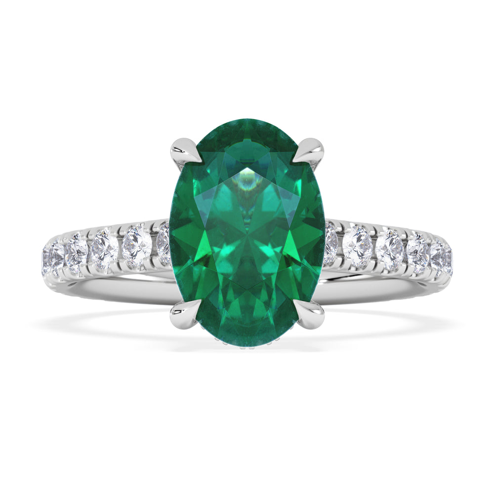 Amora Gem 2.00ct Oval Cut Lab Emerald Hidden Halo Engagement Ring with Side Stones in 18K White Gold