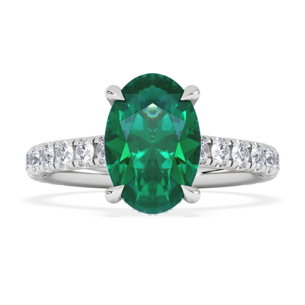 Amora Gem 2.00ct Oval Cut Lab Emerald Hidden Halo Engagement Ring with Side Stones in 18K White Gold