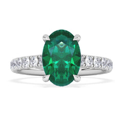 Amora Gem 2.00ct Oval Cut Lab Emerald Hidden Halo Engagement Ring with Side Stones in 18K White Gold