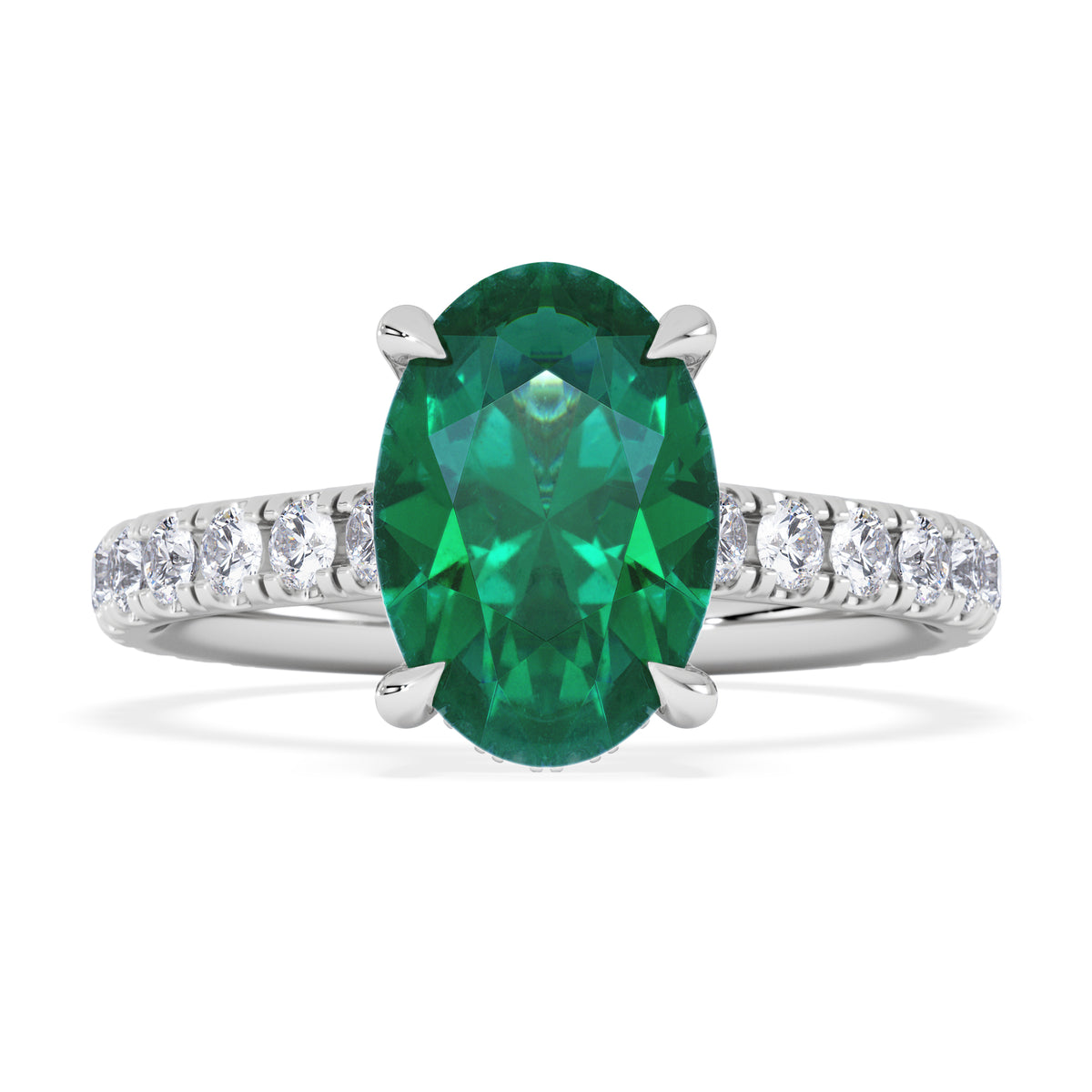 Amora Gem 2.00ct Oval Cut Lab Emerald Hidden Halo Engagement Ring with Side Stones in 18K White Gold