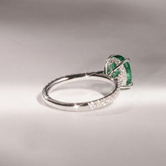 Amora Gem 2.00ct Oval Cut Lab Emerald Hidden Halo Engagement Ring with Side Stones in 18K White Gold