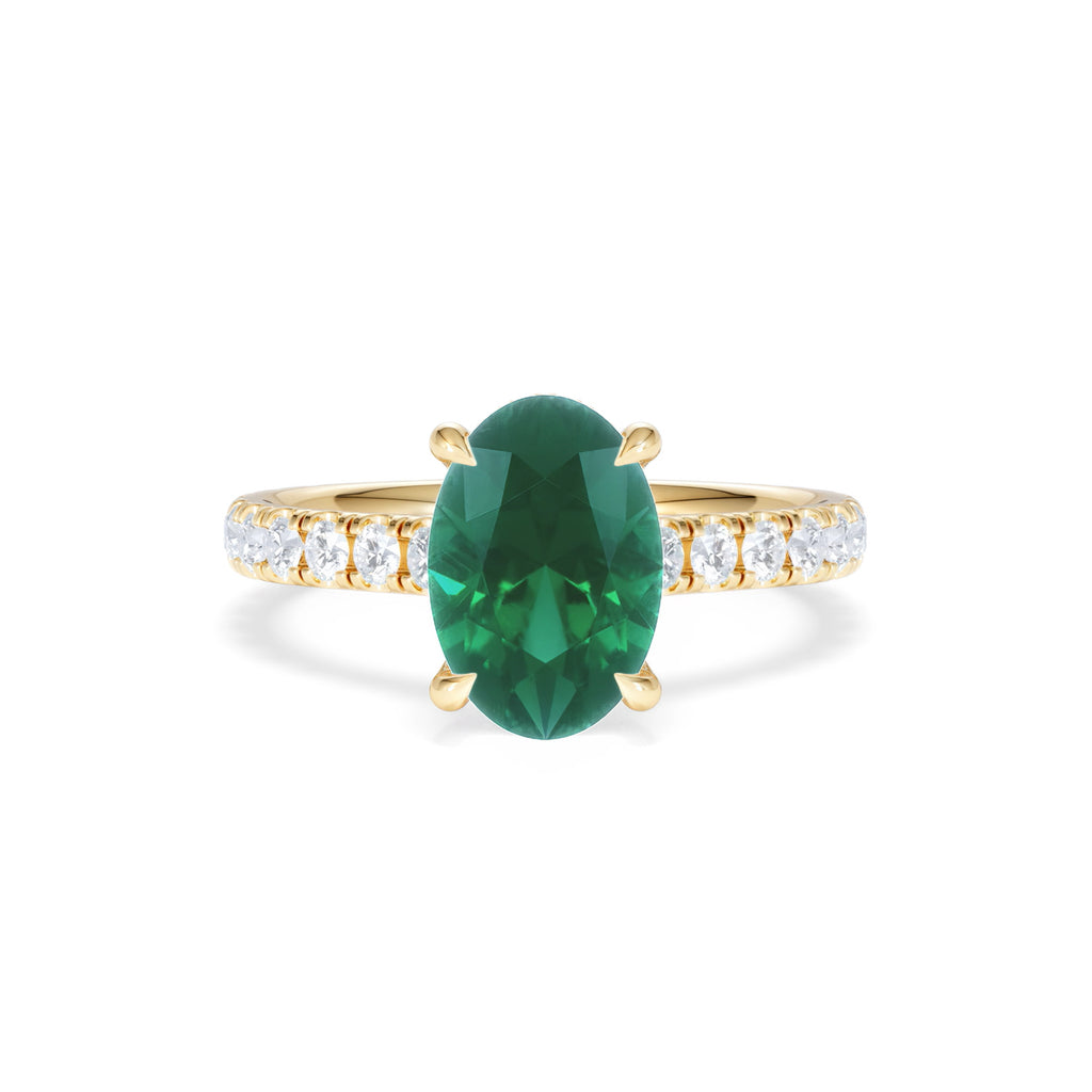 Amora 2.00ct Oval Cut Lab Emerald Hidden Halo Engagement Ring with Side Stones in 18K Yellow Gold