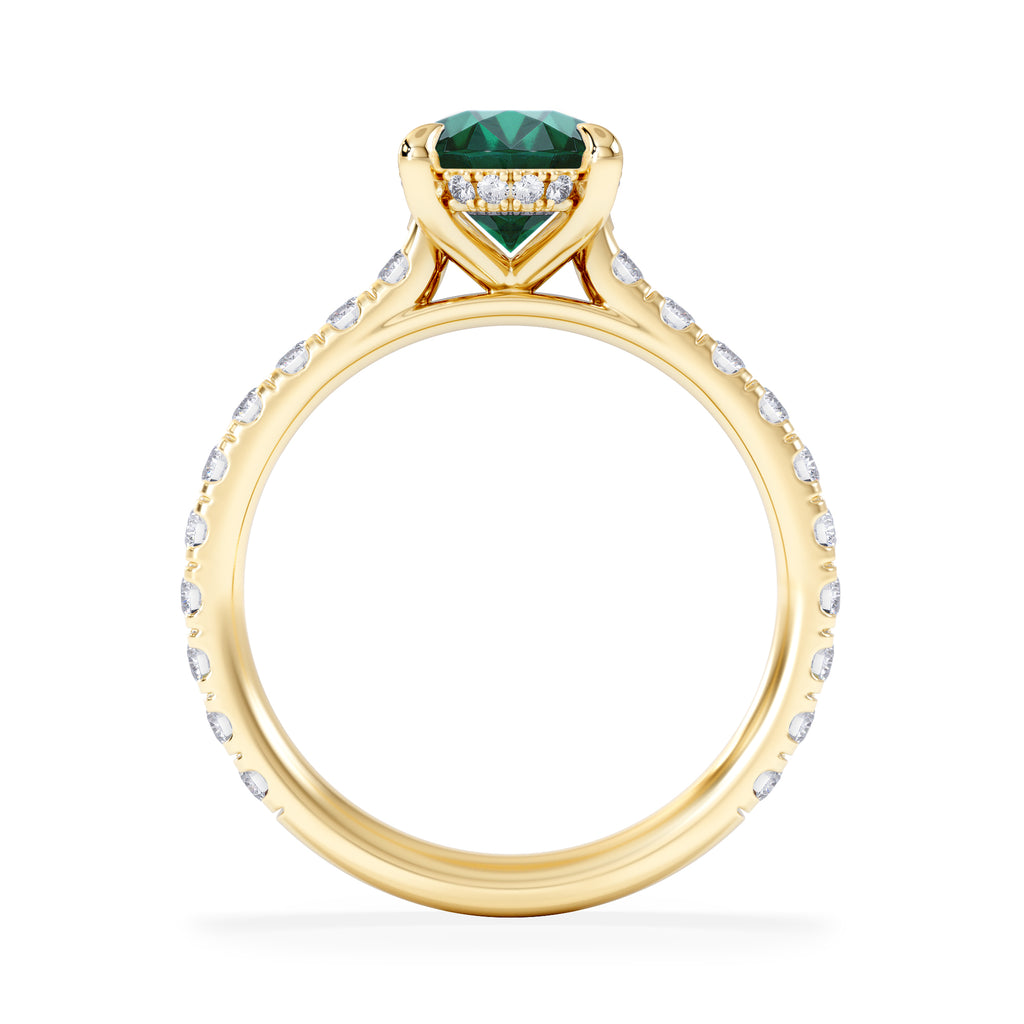 Amora Gem 2.00ct Oval Cut Lab Emerald Hidden Halo Engagement Ring with Side Stones in 18K Yellow Gold