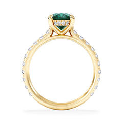 Amora Gem 2.00ct Oval Cut Lab Emerald Hidden Halo Engagement Ring with Side Stones in 18K Yellow Gold