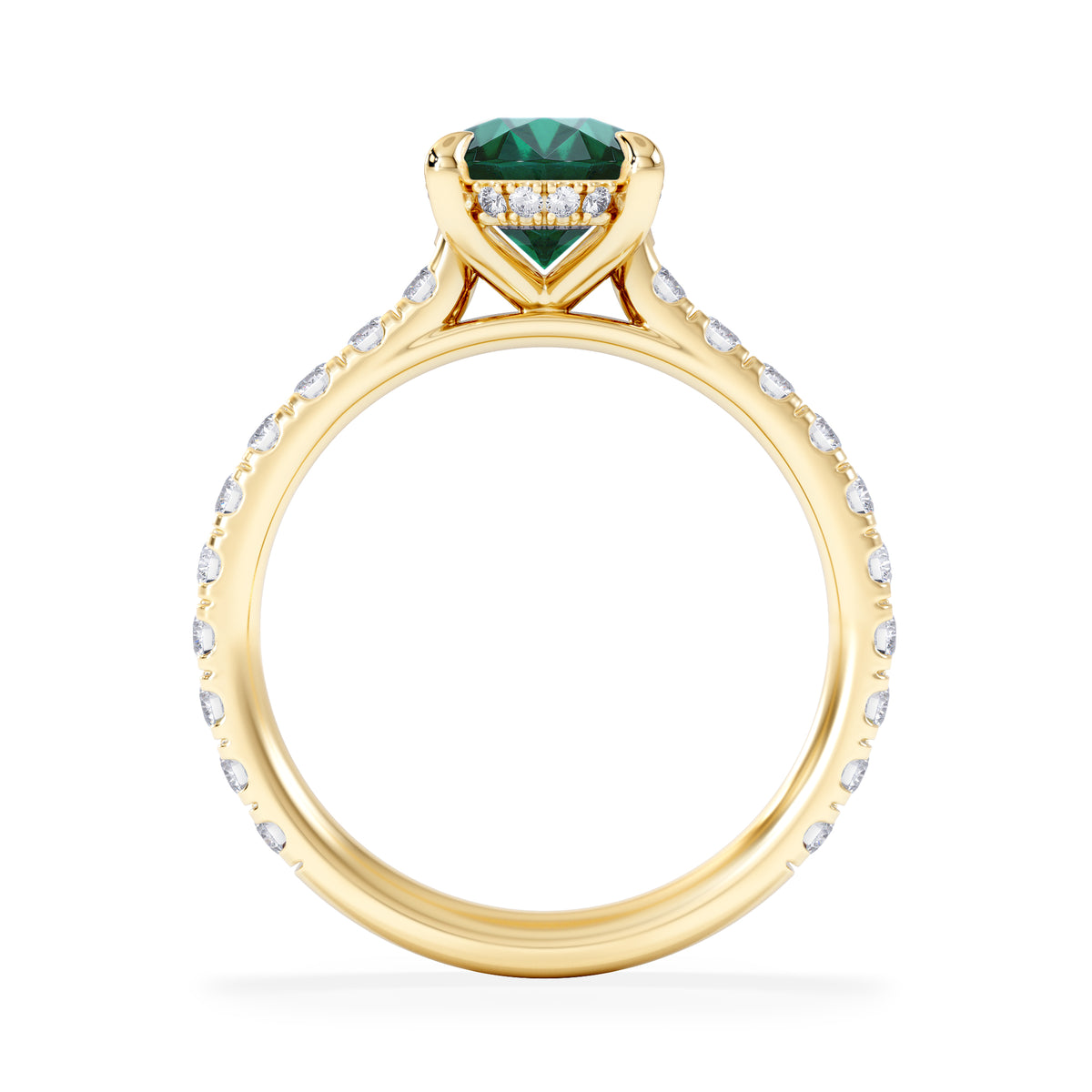 Amora Gem 2.00ct Oval Cut Lab Emerald Hidden Halo Engagement Ring with Side Stones in 18K Yellow Gold