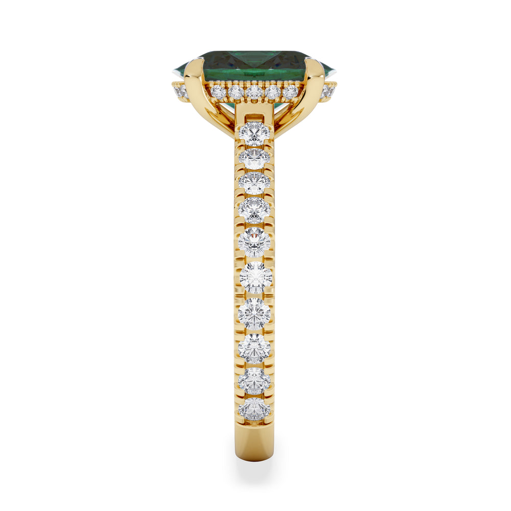 Amora Gem 2.00ct Oval Cut Lab Emerald Hidden Halo Engagement Ring with Side Stones in 18K Yellow Gold