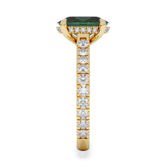 Amora Gem 2.00ct Oval Cut Lab Emerald Hidden Halo Engagement Ring with Side Stones in 18K Yellow Gold