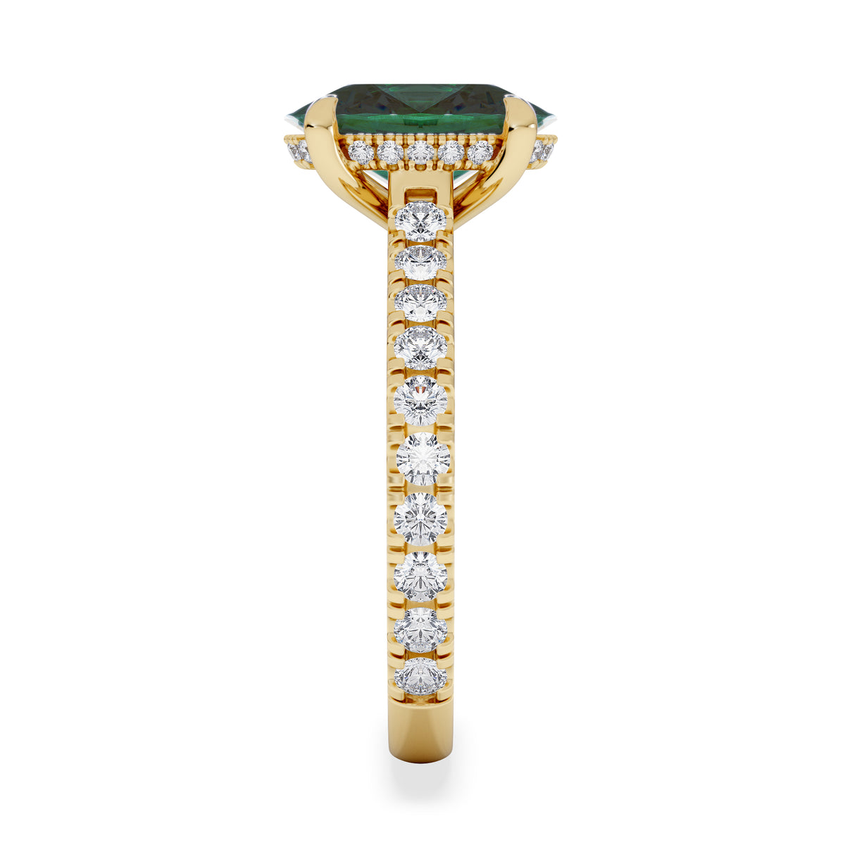 Amora Gem 2.00ct Oval Cut Lab Emerald Hidden Halo Engagement Ring with Side Stones in 18K Yellow Gold