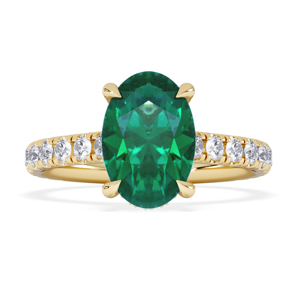 Amora Gem 2.00ct Oval Cut Lab Emerald Hidden Halo Engagement Ring with Side Stones in 18K Yellow Gold