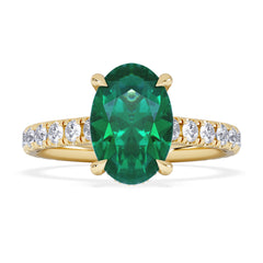 Amora Gem 2.00ct Oval Cut Lab Emerald Hidden Halo Engagement Ring with Side Stones in 18K Yellow Gold