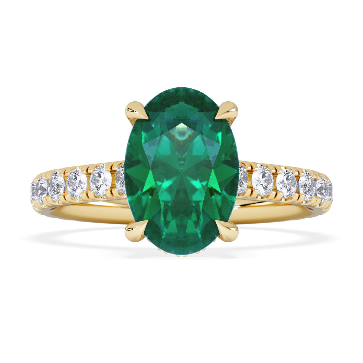 Amora Gem 2.00ct Oval Cut Lab Emerald Hidden Halo Engagement Ring with Side Stones in 18K Yellow Gold