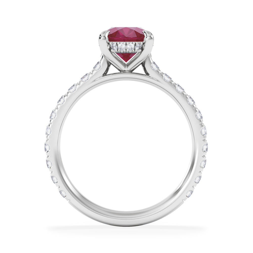 Amora Gem 2.00ct Oval Cut Lab Ruby Hidden Halo Engagement Ring with Side Stones in 18K White Gold