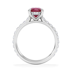Amora Gem 2.00ct Oval Cut Lab Ruby Hidden Halo Engagement Ring with Side Stones in 18K White Gold