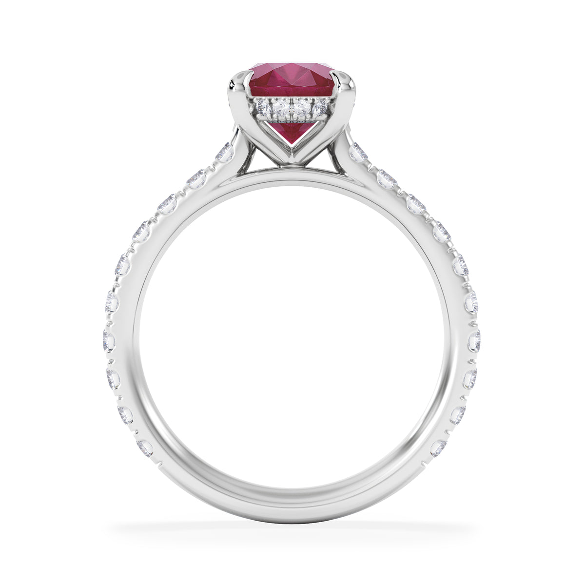 Amora Gem 2.00ct Oval Cut Lab Ruby Hidden Halo Engagement Ring with Side Stones in 18K White Gold