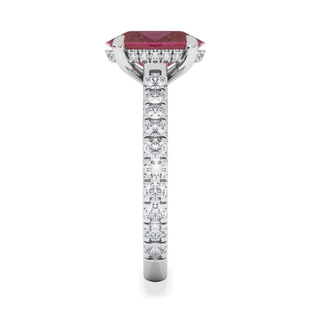 Amora Gem 2.00ct Oval Cut Lab Ruby Hidden Halo Engagement Ring with Side Stones in 18K White Gold