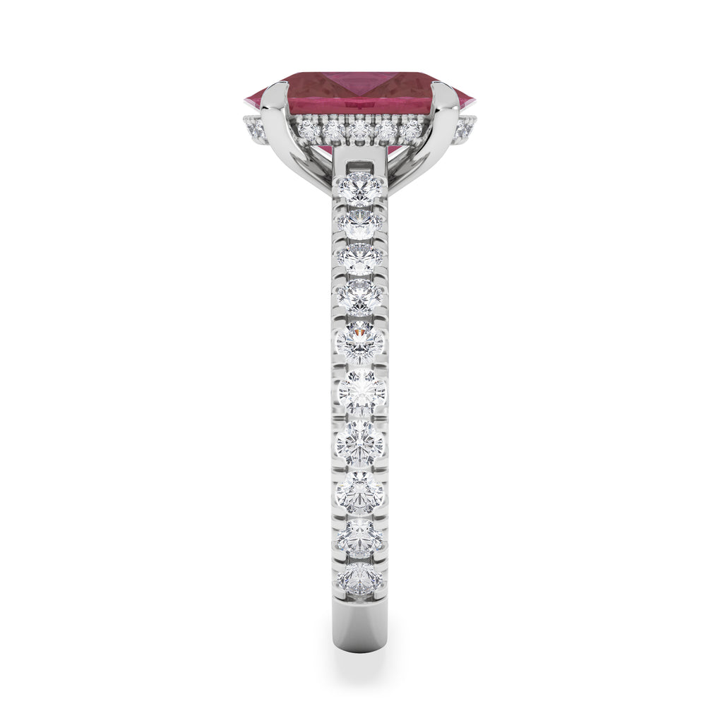 Amora Gem 2.00ct Oval Cut Lab Ruby Hidden Halo Engagement Ring with Side Stones in 18K White Gold